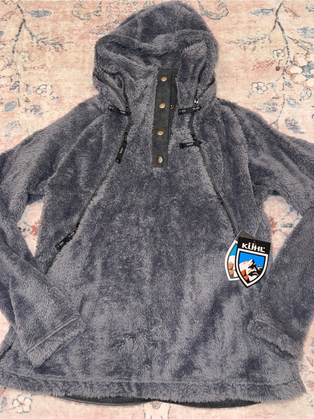Kuhl women’s grey fleece with vintage micro suede accents Hooded pullover